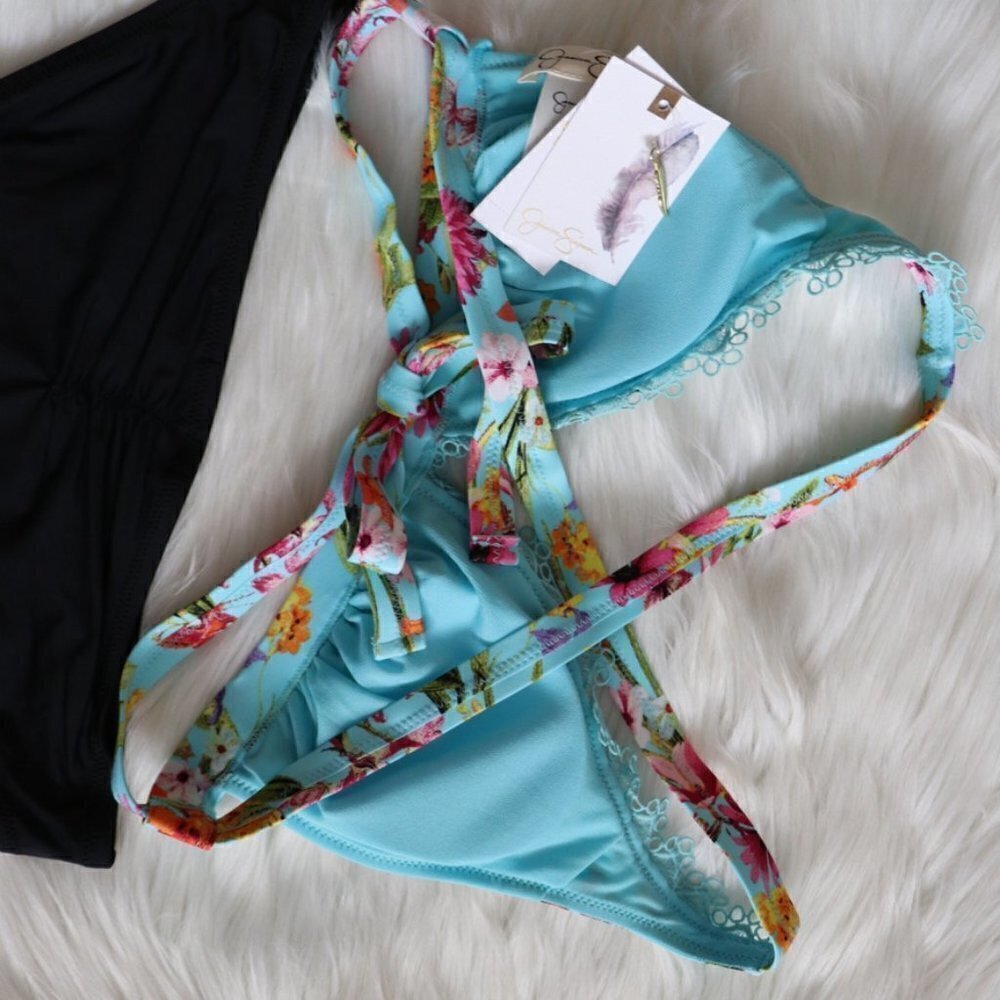 NEW Blue Black Floral Print Eden Print Lace Bikini Swim Set Size Small - Picture 5 of 8